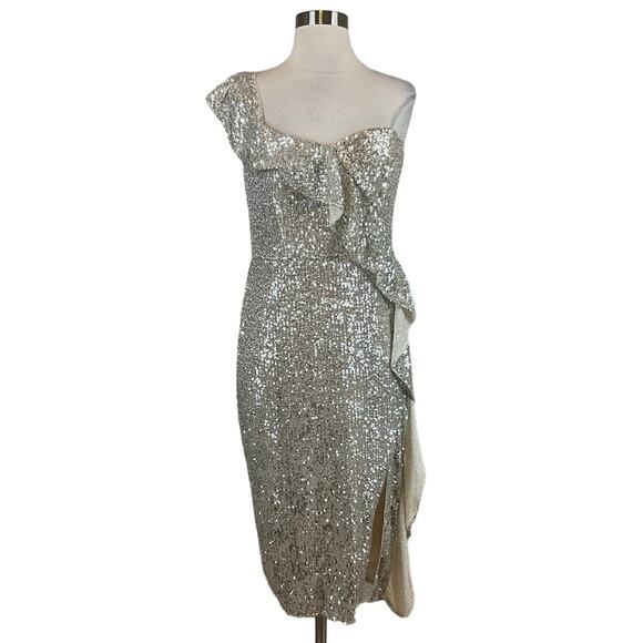 Aidan Mattox Sequined One Shoulder Ruffled Sheath Cocktail Dress Silver Size 12 - Picture 1 of 14